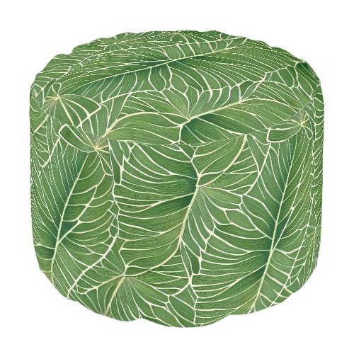 Watercolor Green Tropical Leaves Pattern Pouf