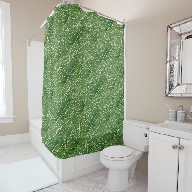 Watercolor Green Tropical Leaves Pattern Shower Curtain (In Situ)