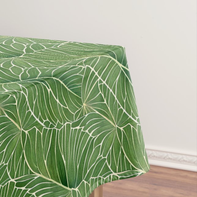 Watercolor Green Tropical Leaves Pattern Tablecloth (In Situ)