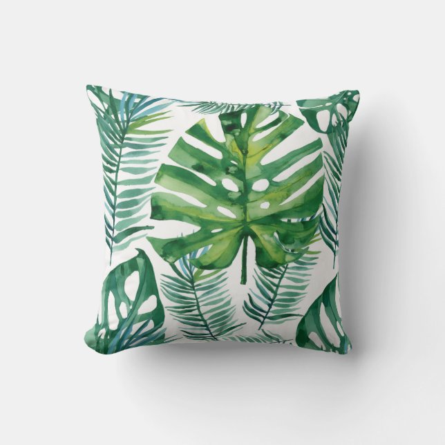 Watercolor Green Tropical Leaves Pattern Throw Pil Throw Pillow (Front)