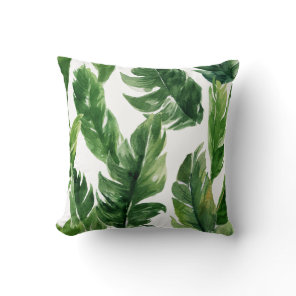 Watercolor Green Tropical Leaves Pattern Throw Pillow