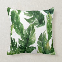 Watercolor Green Tropical Leaves Pattern Throw Pillow