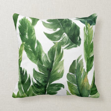 Watercolor Green Tropical Leaves Pattern Throw Pillow