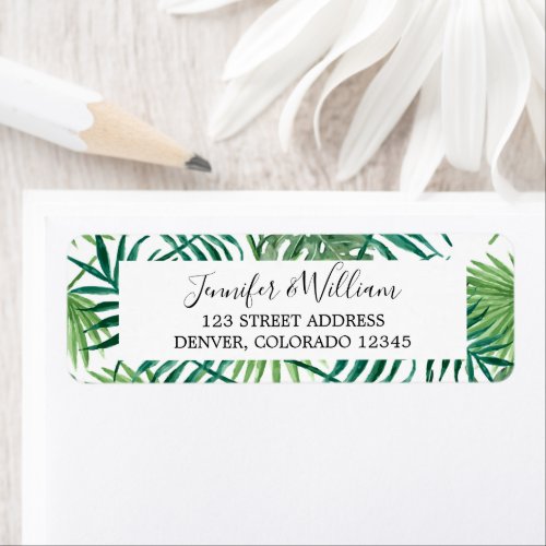 Watercolor green tropical palm tree leaves wedding label