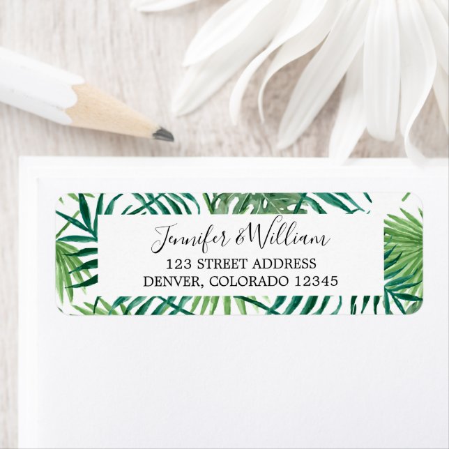 Watercolor green tropical palm tree leaves wedding label (Insitu)