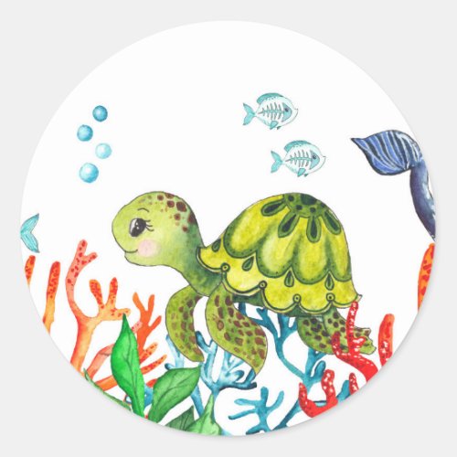 Watercolor Green Turtle Under the Sea Birthday Classic Round Sticker