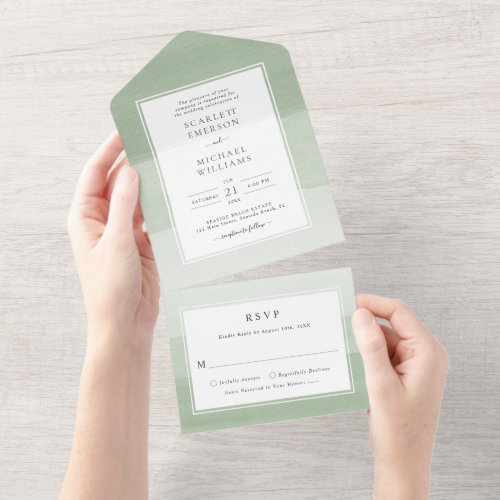 Watercolor Green Wedding All In One Invitation