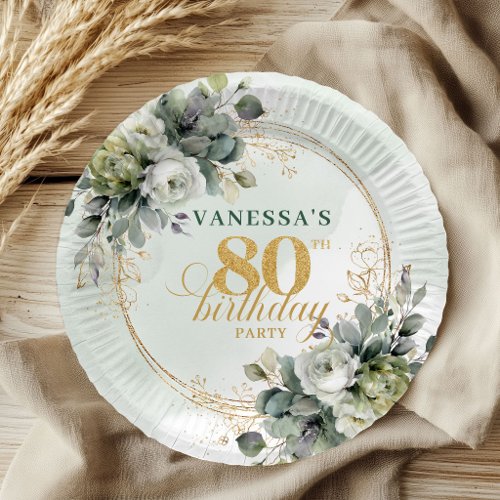 Watercolor Green White 80th Birthday Party Plates