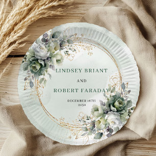 Watercolor Green White Botanical Wedding Paper  Plates