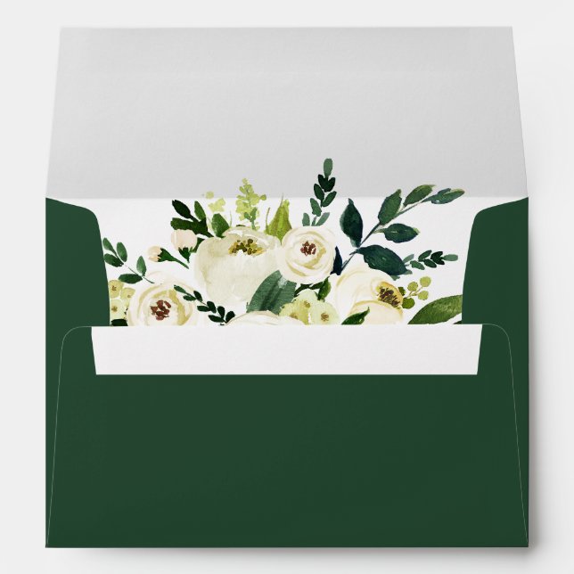 Watercolor Green White Floral Elegant Wedding Envelope (Back (Bottom))