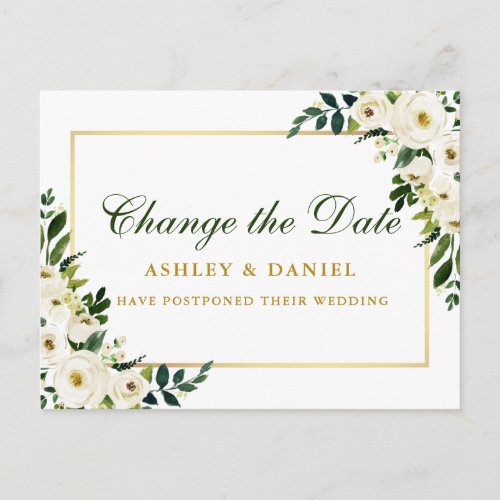 Watercolor Green White Floral Gold Change The Date Postcard