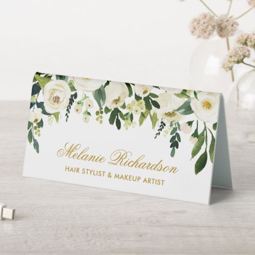 Watercolor Green White Floral Gold Name Sign