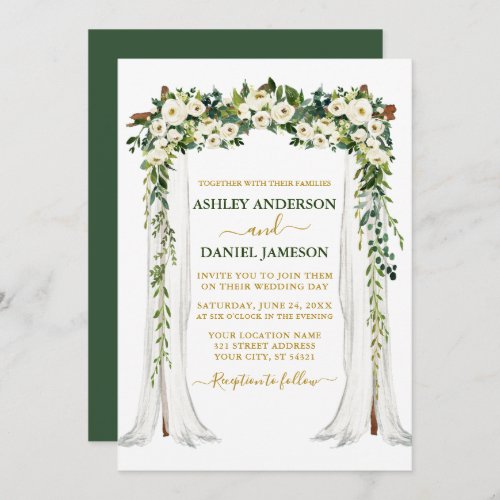 Watercolor Green White Floral Gold Wedding Canopy Invitation