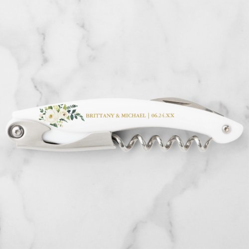 Watercolor Green White Floral Gold Wedding Waiters Corkscrew