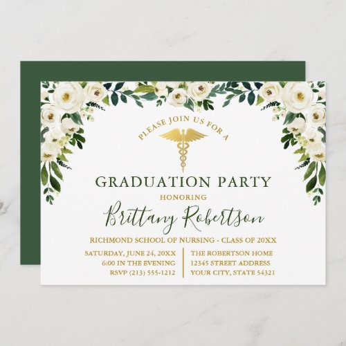 Watercolor Green White Floral Medical Grad Party Invitation