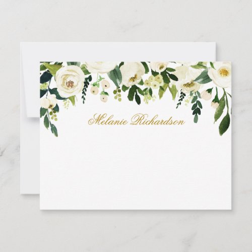 Watercolor Green White Floral Personalized Gold Note Card