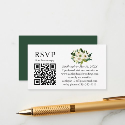 Watercolor Green White Floral QR RSVP Wedding Enclosure Card