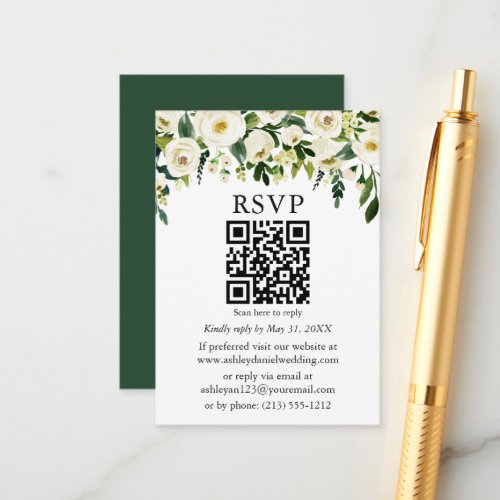 Watercolor Green White Floral QR Wedding RSVP Enclosure Card