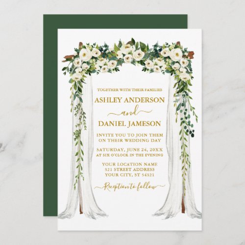 Watercolor Green White Floral Wedding Canopy Gold Invitation