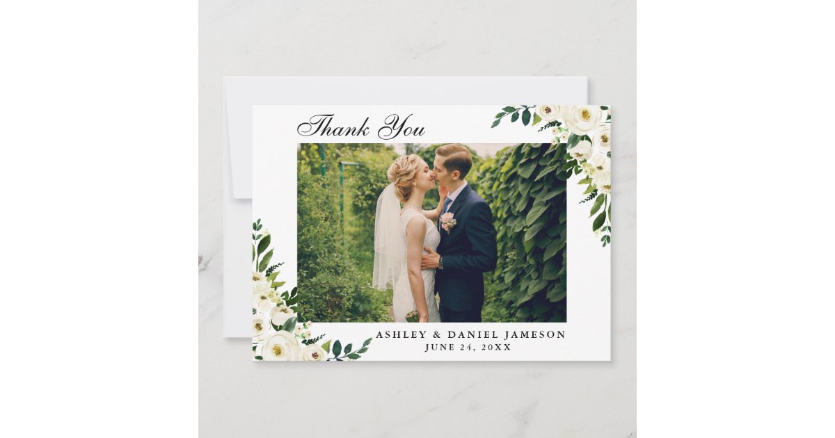 Watercolor Green White Floral Wedding Photo Thank You Card | Zazzle