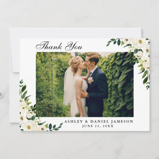 Watercolor Green White Floral Wedding Photo Thank You Card | Zazzle