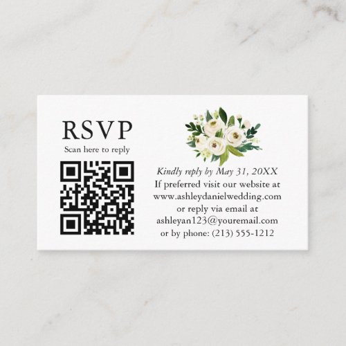 Watercolor Green White Floral Wedding QR RSVP Enclosure Card