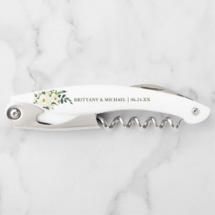 Watercolor Green White Floral Wedding Waiter's Corkscrew