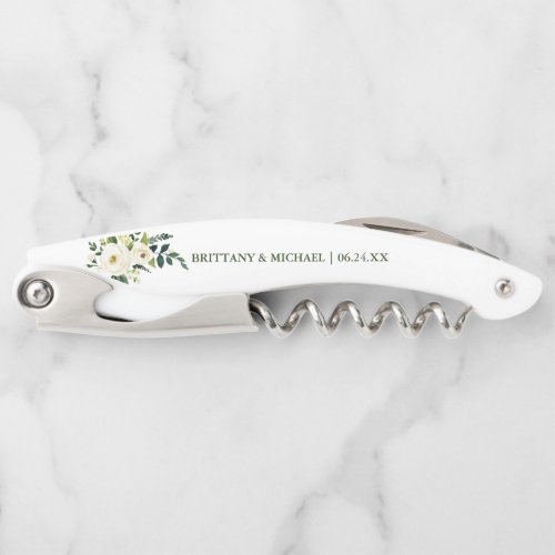 Watercolor Green White Floral Wedding Waiters Corkscrew