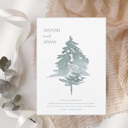 Watercolor Green White Forest Pine Trees Wedding Invitation