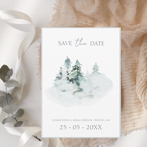 Watercolor Green White Forest Pine Trees Wedding Save The Date