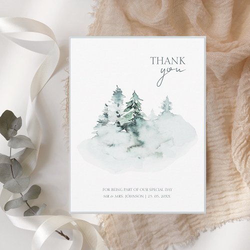 Watercolor Green White Forest Pine Trees Wedding Thank You Card