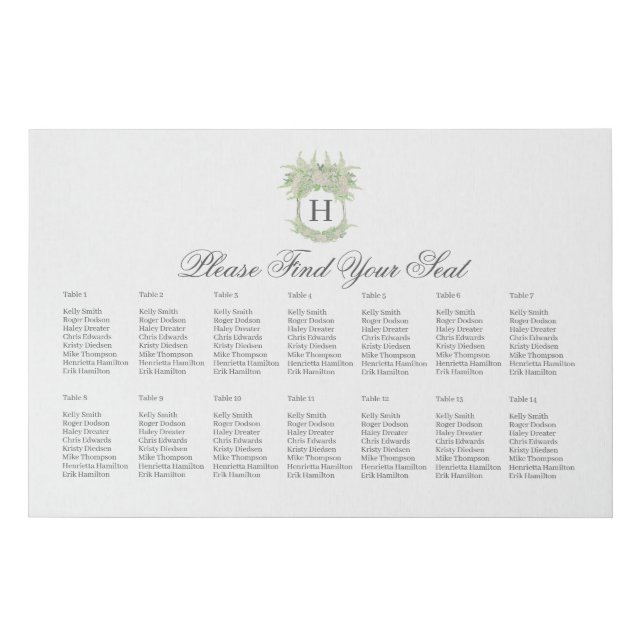 Watercolor Green & White Hydrangea Seating Chart Faux Canvas Print (Front)