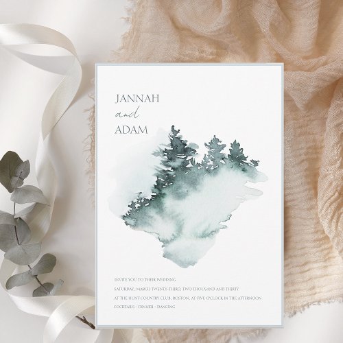 Watercolor Green White Woodland Pine Trees Wedding Invitation