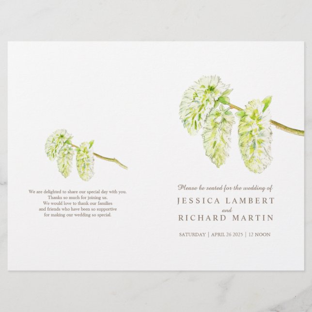 Watercolor green willow catkins wedding programme (Front)