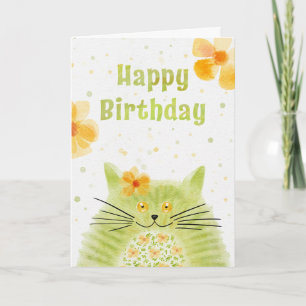 Watercolor Green with Orange Flowers Birthday Holiday Card