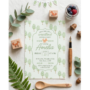 Watercolor Green Woodland Trees Cute Fox Birthday Invitation