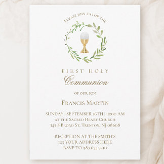 watercolor green wreath first holy communion invitation