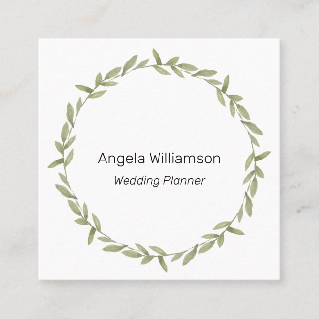 Watercolor Green Wreath Square Business Card (Front)