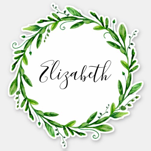 Watercolor green wreath Summer botanical name Sticker