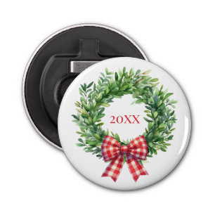 Watercolor Green Wreath With Red Gingham Bow Bottle Opener