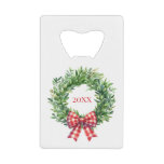 Watercolor Green Wreath With Red Gingham Bow Credit Card Bottle Opener