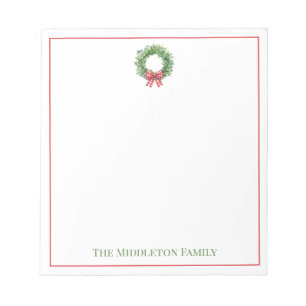 Watercolor Green Wreath With Red Gingham Bow Notepad