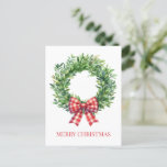 Watercolor Green Wreath With Red Gingham Bow Postcard