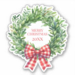 Watercolor Green Wreath With Red Gingham Bow Sticker