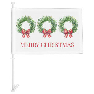 Watercolor Green Wreaths With Red Gingham Bows Car Flag