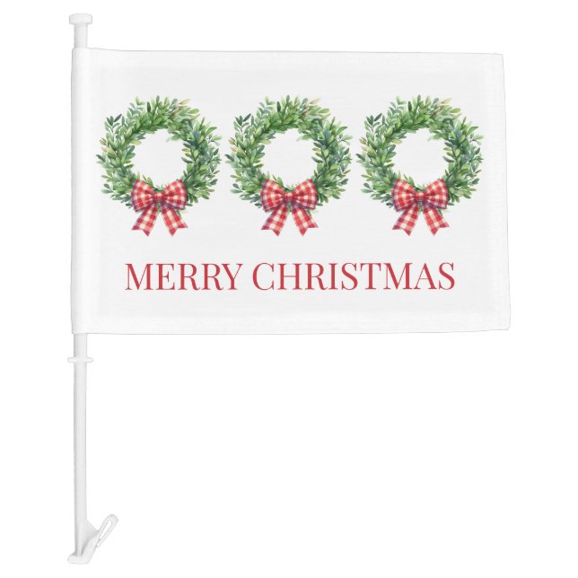 Watercolor Green Wreaths With Red Gingham Bows Car Flag (Front)