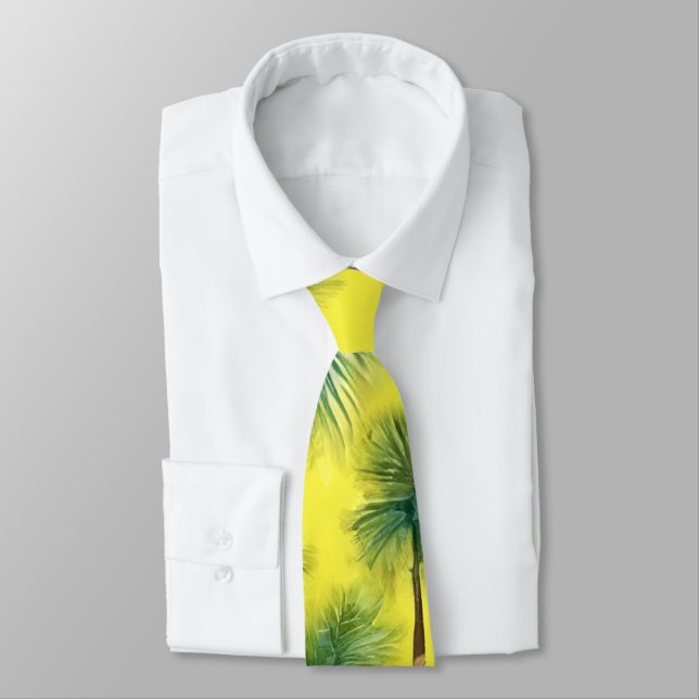 Watercolor Green & Yellow Palm Tree Pattern Neck Tie (Tied)