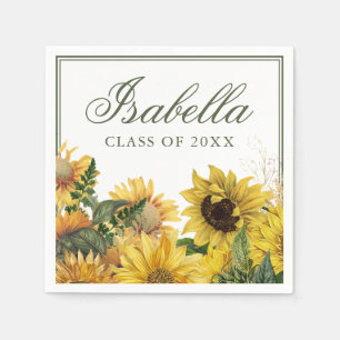 Watercolor Green Yellow Sunflower Graduation Napkins