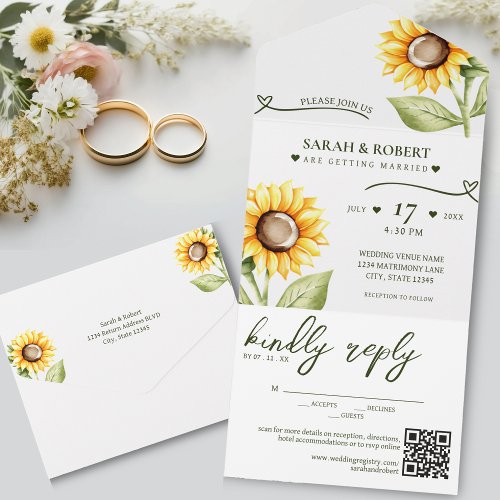 Watercolor Green  Yellow Sunflower Spring Wedding All In One Invitation