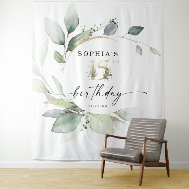 Watercolor Greenery 15th Birthday Backdrop (In Situ)